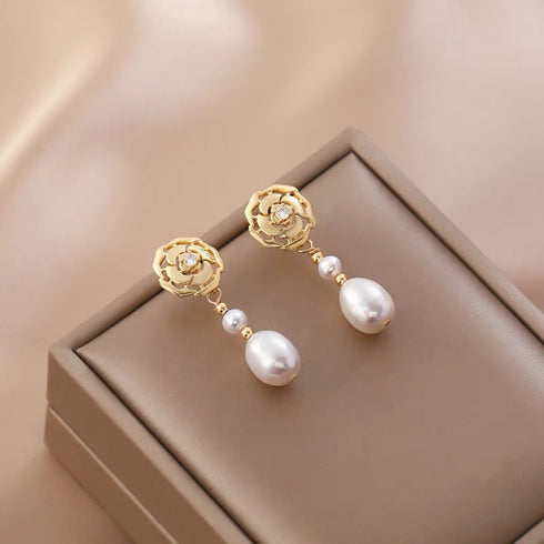 Camellia Pearl Long Drop Earrings